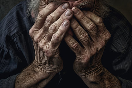 Senior man close up shot covering his face with hands. Depression in aged peopleの素材