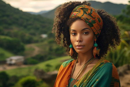 Gorgeous African woman wearing traditional colorful clothes. Portrait with landscape as backgroundの素材