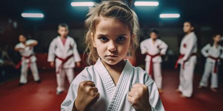 Little girl karate student portrait during practiceの素材