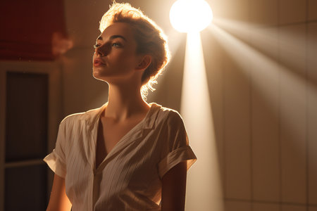Young Caucasian woman posing in profile under light in studio shot background.の素材