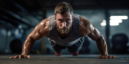 Attractive young man doing push-ups at the gym. low angle viewの素材