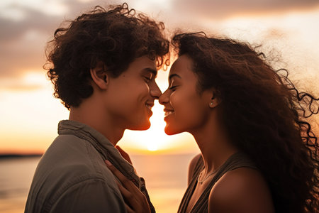 Young mixed race teen couple kissing in romantic scene by the beachの素材