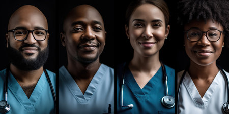 Four mixed race professional doctors headshot portrait over black backgroundの素材