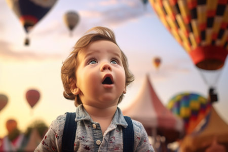 Toddler portrait amazed when looking at hot air balloons flying in the skyの素材