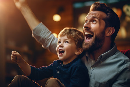 Father and son bonding together while watching game at homeの素材