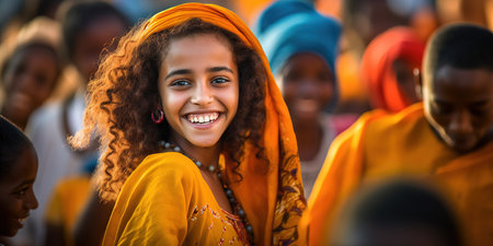 Cheerful young Syrian refugee girl smiling at cameraの素材