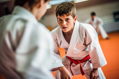 Teenage boys practicing judo techniques during lessonの素材