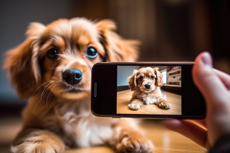Person hand holding mobile for taking photo of cute puppyの素材