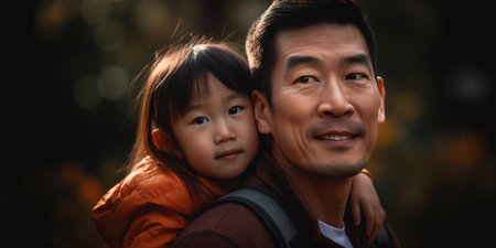 Chinese father piggybacking his little daughter in the parkの素材