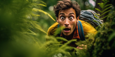 Man surprised when exploring jungle finds wild marijuana fieldの素材