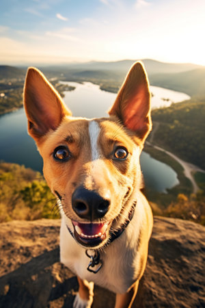 Cute dog selfie with amazing landscape view at top of mountain. vertical shotの素材