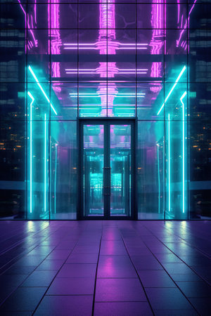 Glass entrance door facade of technological company at night. vertical shotの素材