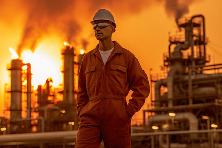 Engineer man walking outside oil refinery at sunriseの素材