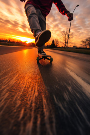 Low angle view of unrecognizable person skating with motion effect. vertical shotの素材
