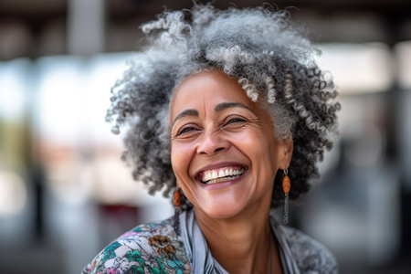 Happy African American senior woman casual headshot portrait smilingの素材