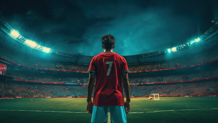 Back view of professional soccer player with red jersey with number seven on it ready to play game in big stadiumの素材
