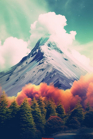 Sunning mountain peak view, realistic illustration. Generative AIの素材