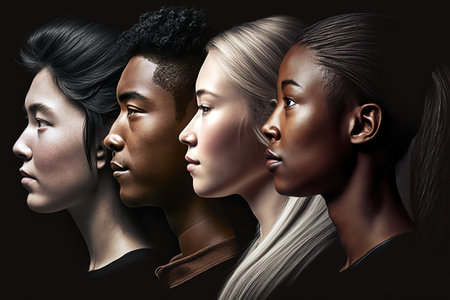 Profile portrait of different ethnicities people over dark background. Generative AI Illustrationの素材