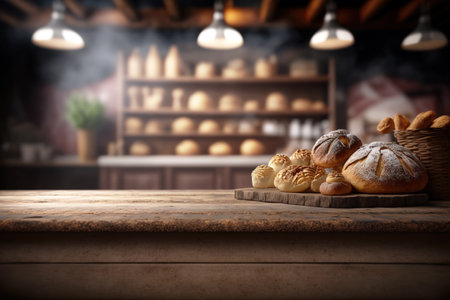 Rustic wooden table with fresh baked bread. Traditional Bakery as background. Generative AI illustrationの素材