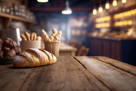 Bakery background with copy space. Fresh baked bread. Generative AI illustrationの素材