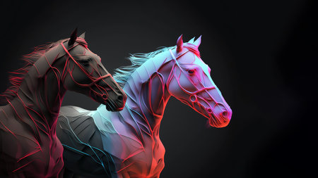 Two horses head in 3d style over dark background. Generative AI Illustrationの素材