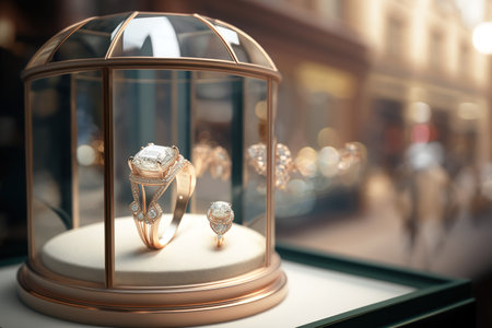 Gemstone glamorous ring inside window display showcase. Copyspace. Generative AI Illustrationの素材