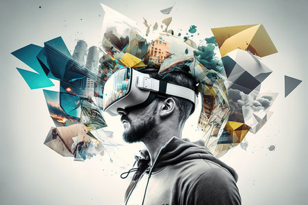 Metaverse concept. Man using VR goggles. Abstract banner design over white background. Generative AI Illustrationの素材
