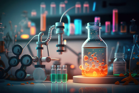 Experimental lab chemistry with microscope and tubes with fluorescent fluids. Generative AI Illustrationの素材