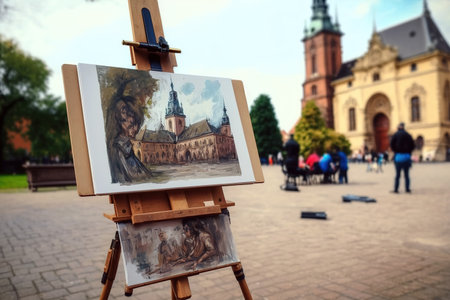 Wooden easel with watercolor painting of historical church. Public park as background. Generative AI Illustrationの素材