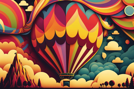 Hot air balloon festival banner. Colorful, surreal concept. Generative AI illustrationの素材