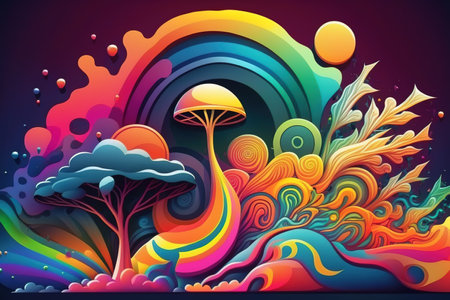 Psychedelic colorful banner of mushrooms, trees and rainbow. Generative AI illustrationの素材