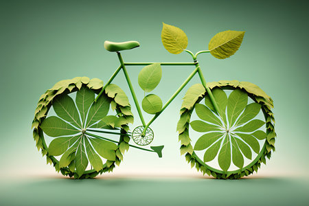 Eco bike concept. Banner of bicycle made of leaves over green background. Generative AI Illustrationの素材