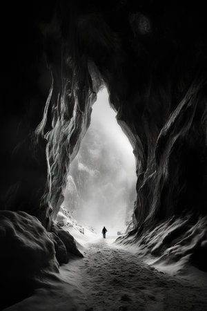 Black and white shot of a silhouette of a person walking in the snow under the cave. Generative AI vertical shotの素材