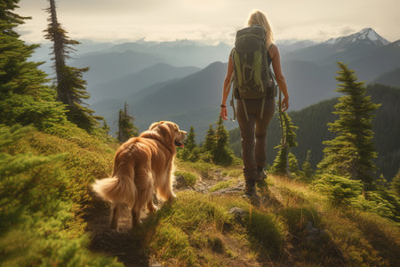 Back view of woman on hiking with her Golden Retriever dog in the mountain. Generative AIの素材