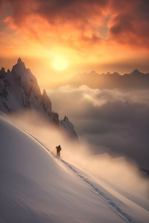 Person walking in snowy mountain in winter under sunlight of sunrise. Generative AI vertical shotの素材
