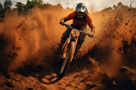 Professional motorbike rider in dirt and dusty terrain. Generative AIの素材