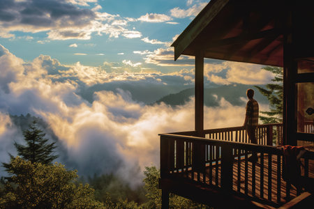 Man standing on porch of cabin in the middle of a mountain peak in a cloudy morning. Generative AIの素材