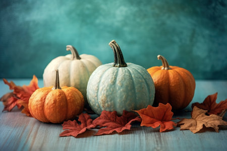 Selection of pumpkins in different tones with fall leaves over blue background. halloween concept Generative AIの素材