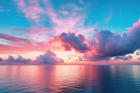 Dramatic pink and blue sunset above the water of the ocean. Generative AIの素材