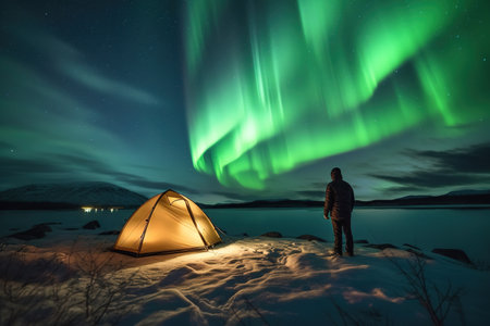Aurora borealis at night with man camping over the snow. Generative AIの素材