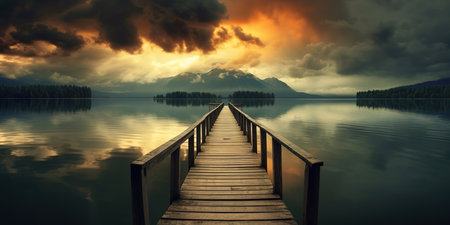 Wooden dock in lake against dramatic sunset cloudy sky. Generative AIの素材