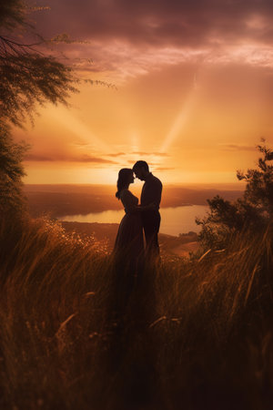 Silhouette of a couple embracing at romantic sunset. Generative AIの素材