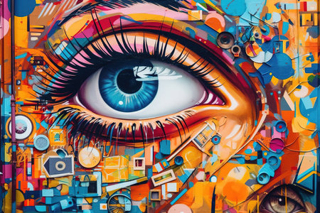 Colorful and creative urban mural of an abstract eye. Generative AIの素材