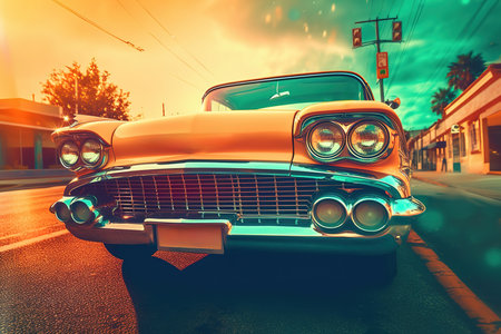 Retro picture of vintage classic car low angle view. Generative AIの素材