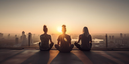 Silhouette of women meditating in city terrace at sunset.Generative AIの素材