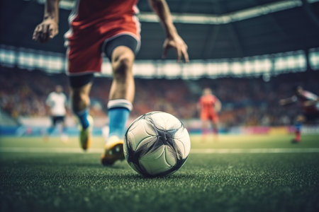 Professional soccer player kicking ball close up shot. Generative AIの素材