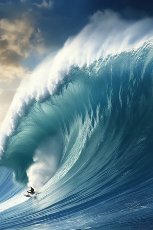 Person surfing huge wave in the ocean. Generative AIの素材