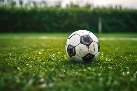 Soccer ball over green grass field. Generative AIの素材