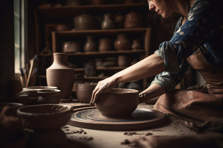 Woman hands working in pottery workshop. Generative AIの素材