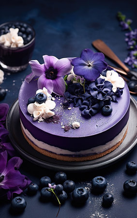 Blueberry cheesecake high angle view. Gourmet patisserie photo shoot. Generative AI vertical illustrationの素材